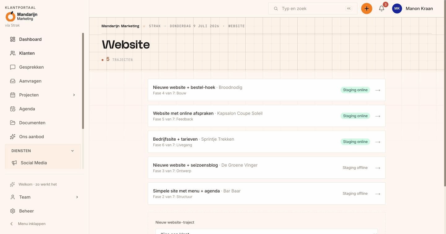 Webdesign-regie in Strak: trajecten per fase met staging online en offline