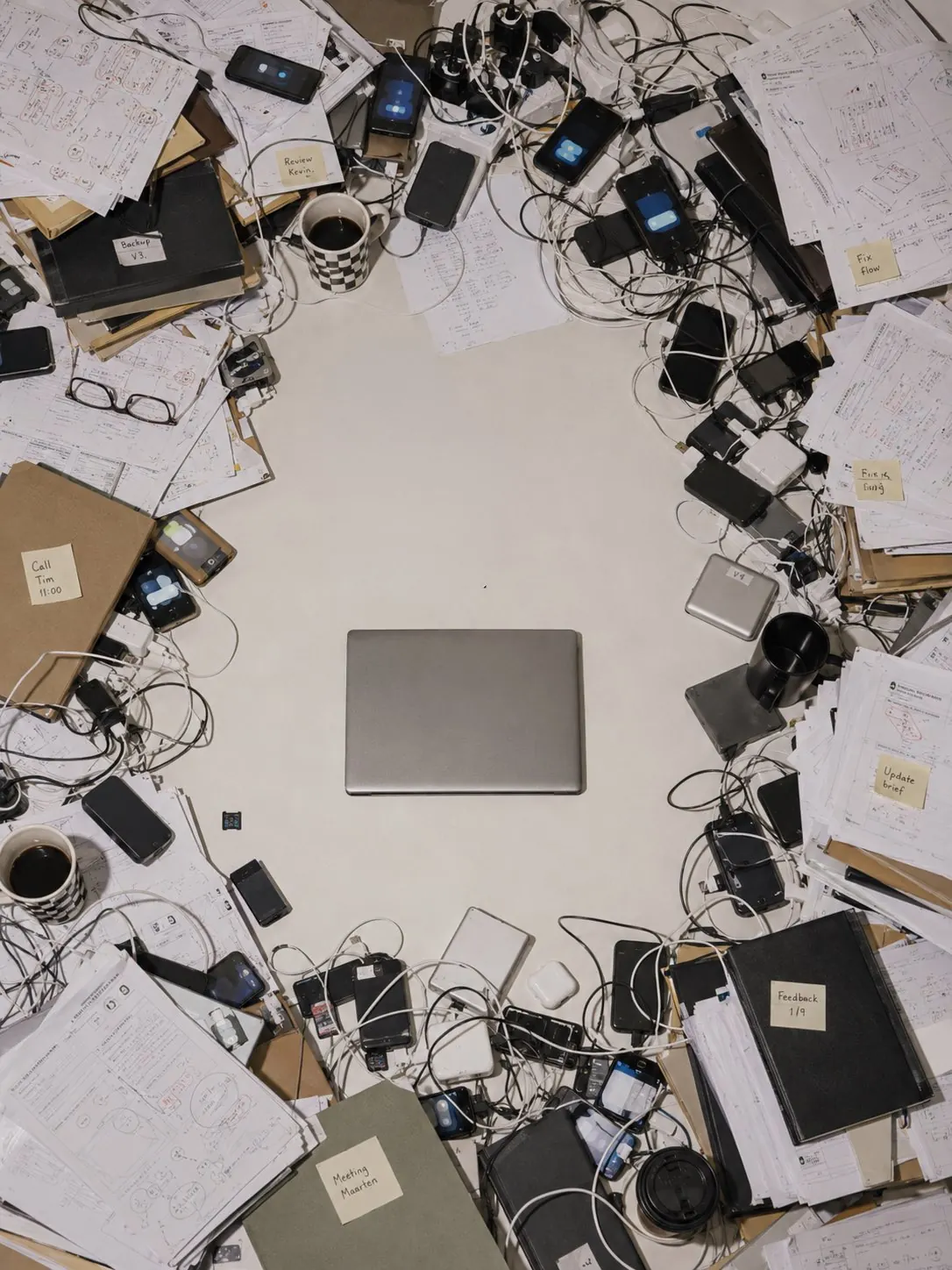 Bovenaanzicht van een overvol bureau vol kabels, telefoons en papier, met in het midden een gesloten laptop