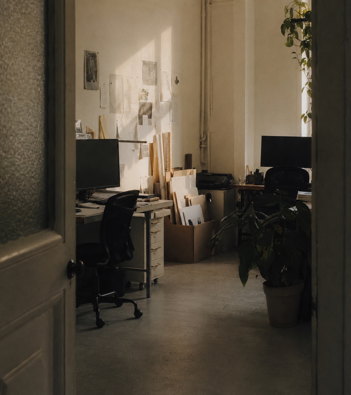 Foto uit het ontwerp: bovenaanzicht van een overvol bureau met kabels, telefoons, papieren en een koffiemok. Loopt door tot de rechterrand, met de citaatkaarten eroverheen.